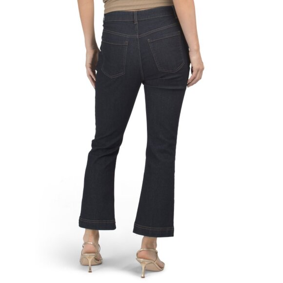 RACHEL ZOE Rinse High Rise Bootcut Cropped Trousers With Gold Tone Buttons - Picture 2 of 2